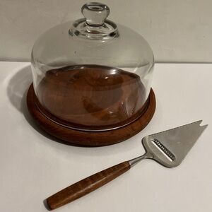 Vintage Goodwood Teak Glass Covered Cheese Dish With Cheese Slicer EUC